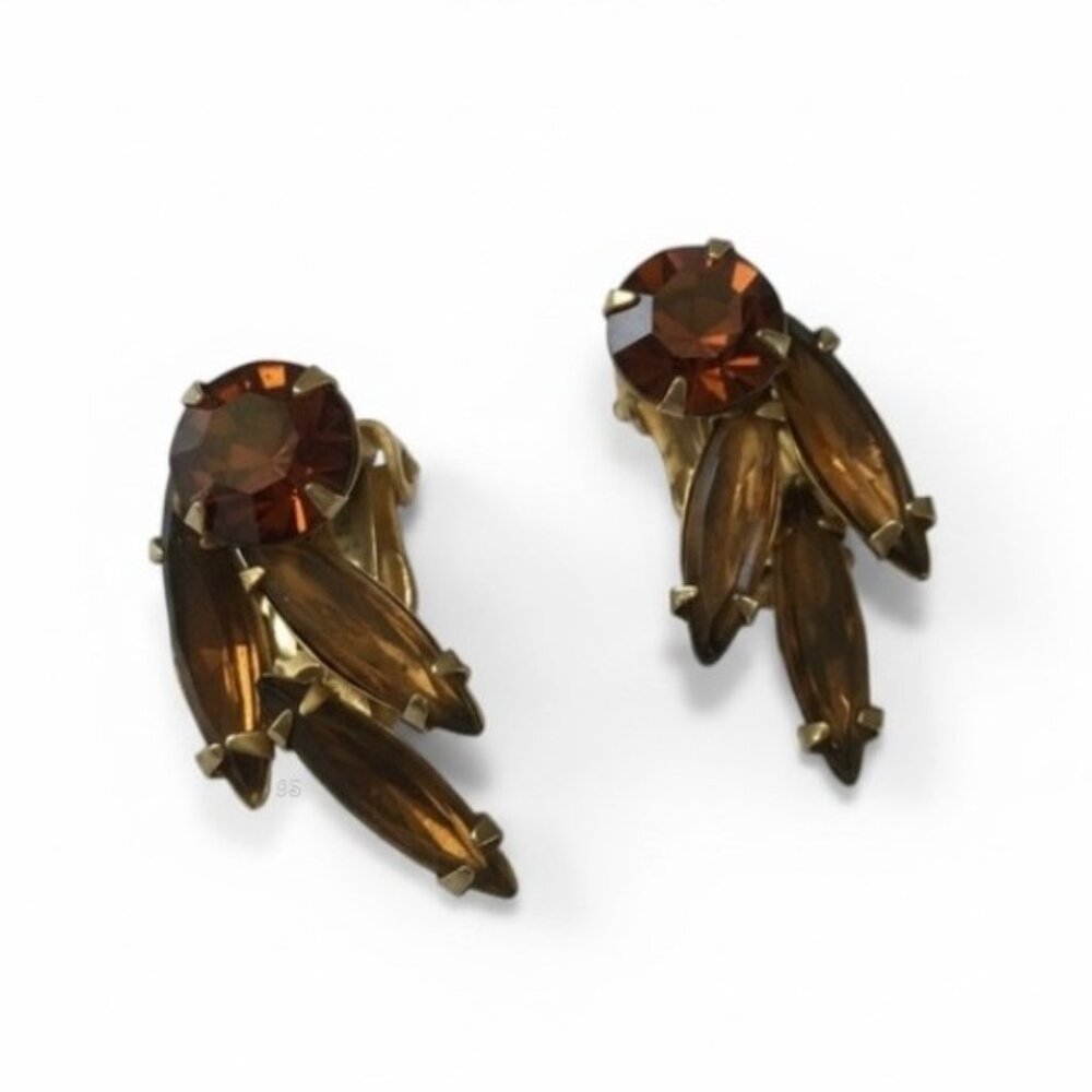 Vintage 1950s WEISS Smoky Topaz Rhinestone Clip‑On Earrings - Picture 12 of 13